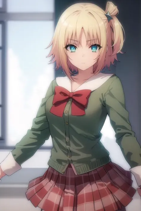 yukiyoshida, <lora:yuki yoshida s2-lora-nochekaiser:1>,
yuki yoshida, short hair, blonde hair, hair ornament, (green eyes:1.3), one side up,
BREAK skirt, bow, school uniform, serafuku, plaid, red bow, brown skirt,
BREAK indoors,
BREAK looking at viewer, (cowboy shot:1.5),
BREAK <lyco:GoodHands-beta2:1>, (masterpiece:1.2), best quality, high resolution, unity 8k wallpaper, (illustration:0.8), (beautiful detailed eyes:1.6), extremely detailed face, perfect lighting, extremely detailed CG, (perfect hands, perfect anatomy),