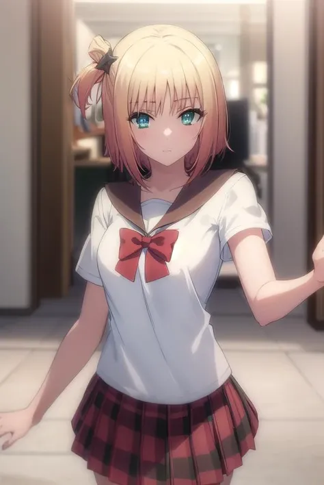 yukiyoshida, <lora:yuki yoshida s2-lora-nochekaiser:1>,
yuki yoshida, short hair, blonde hair, hair ornament, (green eyes:1.3), one side up,
BREAK skirt, bow, school uniform, serafuku, plaid, red bow, brown skirt,
BREAK indoors,
BREAK looking at viewer, (cowboy shot:1.5),
BREAK <lyco:GoodHands-beta2:1>, (masterpiece:1.2), best quality, high resolution, unity 8k wallpaper, (illustration:0.8), (beautiful detailed eyes:1.6), extremely detailed face, perfect lighting, extremely detailed CG, (perfect hands, perfect anatomy),