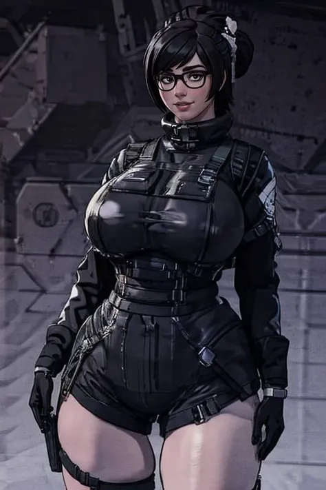3d render,professional 3d model,XenTAI-pos,at distance,cowboy shot,posing,flirting,(playful gaze, smirking:1.1),1girl,<lora:Character_-_Mei_from_OW_by_FugTrup:0.7>,fugtrupmei,black-framed eyewear,glasses,hair ornament,single hair bun,gigantic breasts,sagging breasts,wide hips,thick thighs,chubby,voluptuous,
<lora:urbansamuraiv3testing:1>, techwear jacket,black gloves,tactical vest,with buckle and tape,