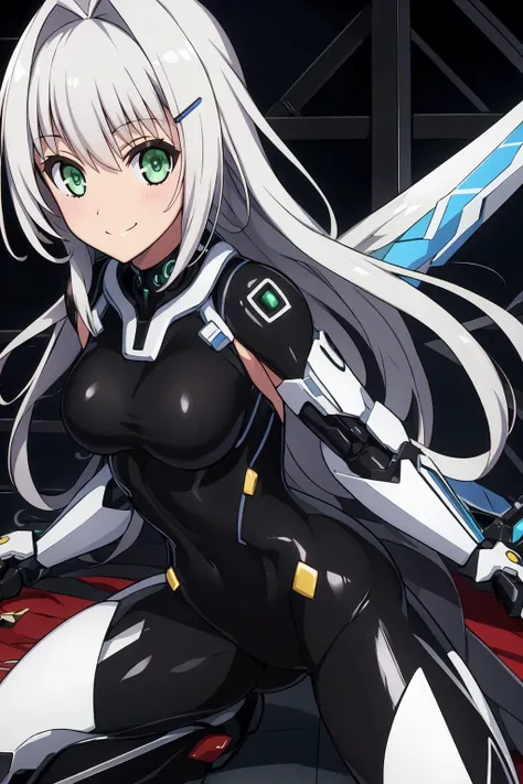 (extremely detailed CG unity 8k wallpaper),(masterpiece), (best quality), (ultra-detailed), extremely detailed,(best illustration), an extremely delicate and beautiful ,CG ,unity ,8k wallpaper,solo, <lora:EmiliaHundred:0.75>,long hair,silver hair,green eyes,medium breasts,smile,bodysuit,hairclip, cybernetic, looking at viewer, dynamic pose, white thighhighs, hair hair ,ornament, under ornament,holding sword,gate background,