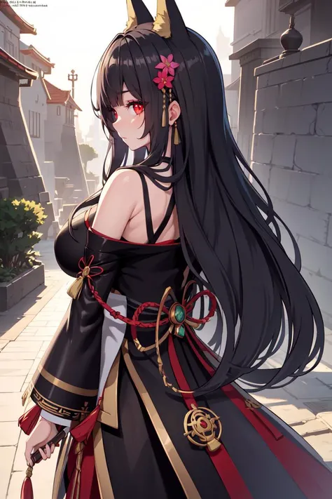 from behind,
<lora:chicheng-1:0.7:lbw=1,0,0,0,0,0,0,0,1,1,1.5,0,0,0,0,0,0>,1girl,solo,chicheng, kimono, fox ears, black hair, hair ornament,black hair,red eyes,beautiful detailed eyes, beautiful detailed face,
(masterpiece, top quality, best quality,official art:1.2), detailed,detailed face,global illumination, shadows, octane render, 8k, ultra sharp,intricate, ornaments detailed, cold colors, egypician detail, highly intricate details, realistic light, extreme detailed, colorful,highest detailed,illustrations, fantastical scenes,striking visuals,