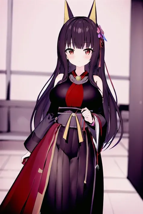 best quality, ultra high res, 1girl, looking at viewer, facing front, <lora:chicheng-1:1>, kimono, black hair, fox ears, hair ornament