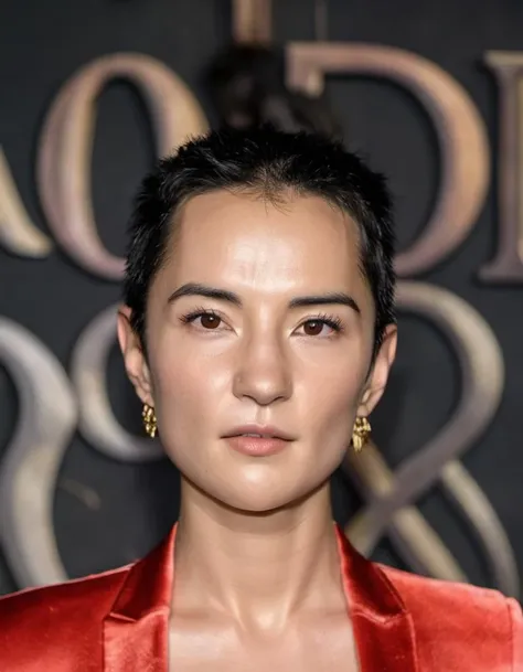 <lora:jssml-000004:1>, close photo of a jssml, at a Hollywood award show, dressed in a red silk suit, detailed face, detailed skin texture