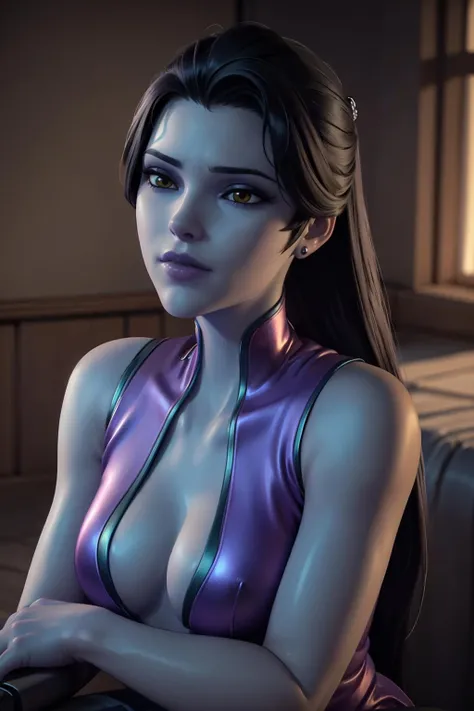 realistic, realism, photorealism, photo-realistic, high contrast, (photorealistic:1.4), 8k high definition detailed realistic, (best quality, masterpiece:1.2), NSFW, photon mapping, radiosity, physically-based rendering, best quality, highly detailed, 1girl, owwm, long hair, purple dress, upper body,
