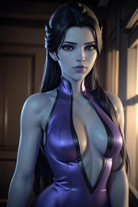 realistic, realism, photorealism, photo-realistic, high contrast, (photorealistic:1.4), 8k high definition detailed realistic, (best quality, masterpiece:1.2), NSFW, photon mapping, radiosity, physically-based rendering, best quality, highly detailed, 1girl, owwm, long hair, purple dress, upper body,