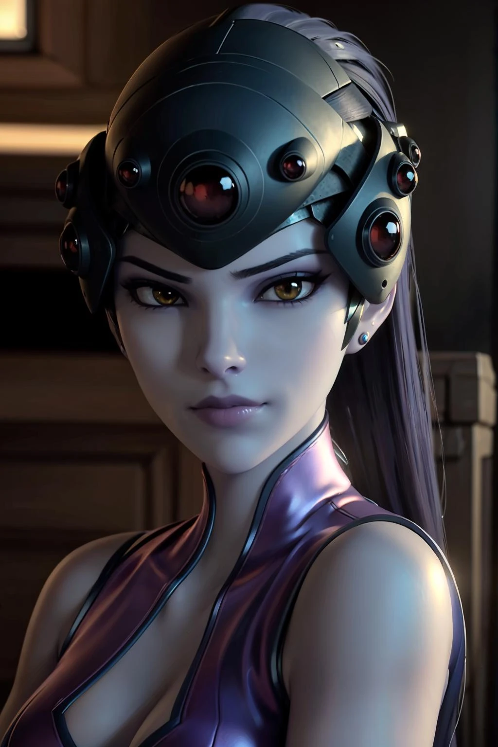 realistic, realism, photorealism, photo-realistic, high contrast, (photorealistic:1.4), 8k high definition detailed realistic, (best quality, masterpiece:1.2), NSFW, photon mapping, radiosity, physically-based rendering, best quality, highly detailed, 1girl, owwm, long hair, skirt, high heels, purple dress, upper body,