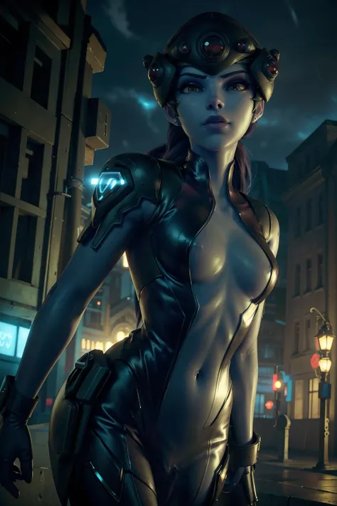 ((high resolution)), athletic, defined muscles, ((pale skin)), freckled, redhead Emma Watson, curly hair with bangs, ((large breasts)), naked, sexy armor, cyberpunk, neon cityscape