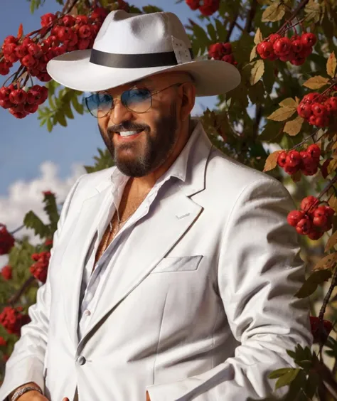 shufutinskiy man standing in white blazer, hat, bald, sunglasses, smile, look in camera, (fat:0.8), autumn, (ryabina branch and small red berries:0.8) on background, medium shot, (close up:0.7), <lora:3rd_september_v1:0.9>