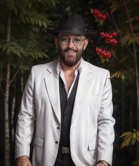 shufutinskiy man standing in white blazer, hat, bald, sunglasses, smile, look in camera, (fat:0.8), autumn, night, (dark environment), water, trees, ((Line and Colored Pencil)), (ryabina branch and small red berries:0.8) on background, medium shot, (close up:0.7), <lora:3rd_september_v1:0.8> <lora:hair_length_slider_v1:3>, Drawing