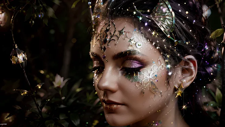 <lora:glitt3r_1.5:1>, glitter face paint, tinkerbelle in a fantasy forest, highest quality, sparkles, intricate details, highly detailed, fantasy, realistic, volumetric lighting, moon beams, stars, raytracing, sharp focus