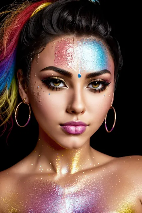 <lora:glitt3r:0.8>glitt3r a woman black background closeup face vibrant colors intricate facepaint makeup big boobs
