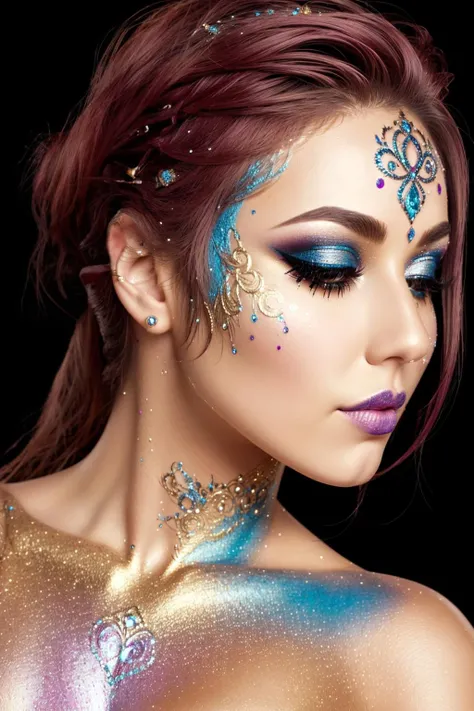 <lora:glitt3r:0.8>glitt3r 1girl woman black background intricate facepaint makeup closeup face