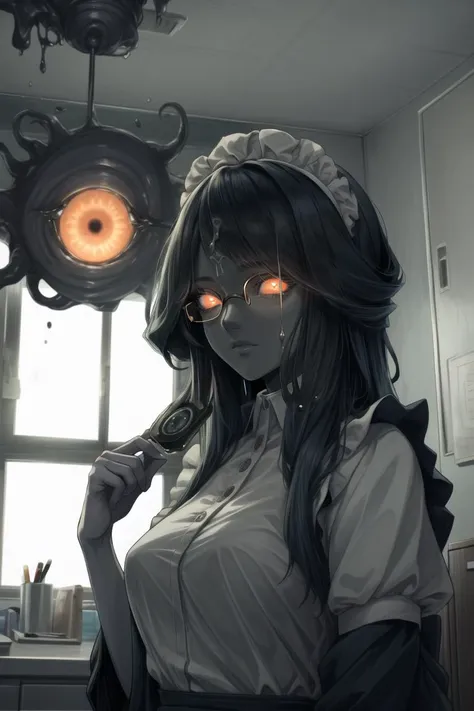 ((best quality)), ((highly detailed)), masterpiece, (detailed eyes, deep eyes), (1girl), (glasses), upper body, <lora:hairdetailer:.7>, <lora:aiomonstergirls_loraLocon:.2>, ((shoggoth)), maid, body horror, (tentacles), ((extra eyes)), glowing eyes, Turkey red colored eyes, (colored skin), (grey colored skin), lovecraftian, <lora:solidEyes_v70:.9>, solid eyes, colored sclerae, <lora:insanevoid2:.9>, insanevoid, glowing, (inside, at a hospitalroom)