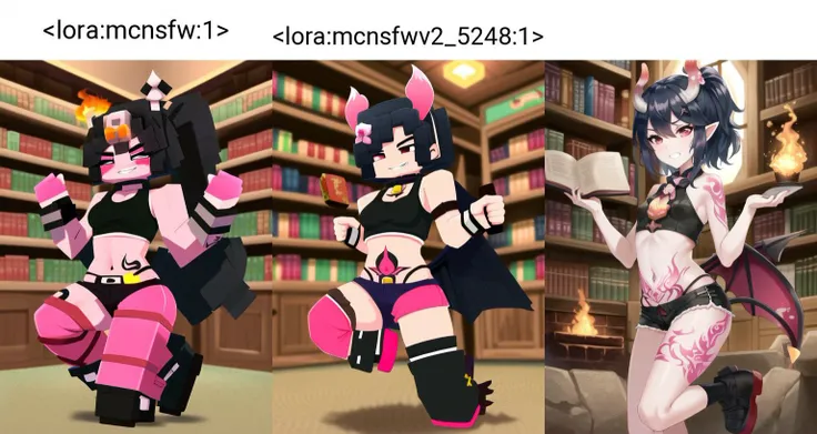 ((best quality)), ((highly detailed)), masterpiece, detailed face, beautiful face, (detailed eyes, deep eyes), (1girl), full body, (imp, small breasts, petite), (mature), (colored skin), ((Orchid pink colored skin:1.44)), medium hair, black hair, streaked hair, (small horns), (leather crop-top, leather short shorts), (small demon wings), symmetrical wings, ((black eyes)), solid eyes, (glowing eyes), colored sclerae, wide hips, demon tail, intricate (tattoos:1.33), (glowing tattoos), rune tattoos, arm_tattoo:1.3,womb_tattoo:1.3, savage grin, monster girl, outside, ((hellscape, fire and lava in the background, active volcano, smoke, ruined buildings)), <lora:solidEyes_v70:.75>, (indoors, in a library, librarian, book shelves, open book), <lora:mcnsfw:1>, mcnsfw