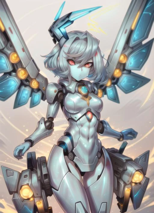 ((best quality)), ((highly detailed)), masterpiece, detailed face, beautiful face, (detailed eyes, deep eyes), (1girl), cowboy shot, <lora:hairdetailer:.8>, ((android)), robot limbs, robot body, (gold_(material)), biomechanical, mechanization, (metallic skin:1.33), lights, LEDs, wires, cables, shiny skin, ball-joints, doll-like joints, (abs), (metallic hair:1.3), (horned helmet, covered face, mask, hidden face, covered mouth, <lora:solidEyes_v70:1>, white eyes, solid eyes, colored sclerae, <lora:lottalewdsMechanical_v1:1>, (mechanical_wings:1.2), (thrusters:1.5), <lora:Paint_Style:1>, Paint_Style