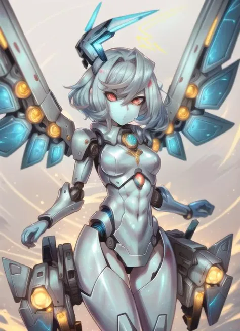 ((best quality)), ((highly detailed)), masterpiece, detailed face, beautiful face, (detailed eyes, deep eyes), (1girl), cowboy shot, <lora:hairdetailer:.8>, ((android)), robot limbs, robot body, (gold_(material)), biomechanical, mechanization, (metallic skin:1.33), lights, LEDs, wires, cables, shiny skin, ball-joints, doll-like joints, (abs), (metallic hair:1.3), (horned helmet, covered face, mask, hidden face, covered mouth, <lora:solidEyes_v70:1>, white eyes, solid eyes, colored sclerae, <lora:lottalewdsMechanical_v1:1>, (mechanical_wings:1.2), (thrusters:1.5), <lora:Paint_Style:1>, Paint_Style