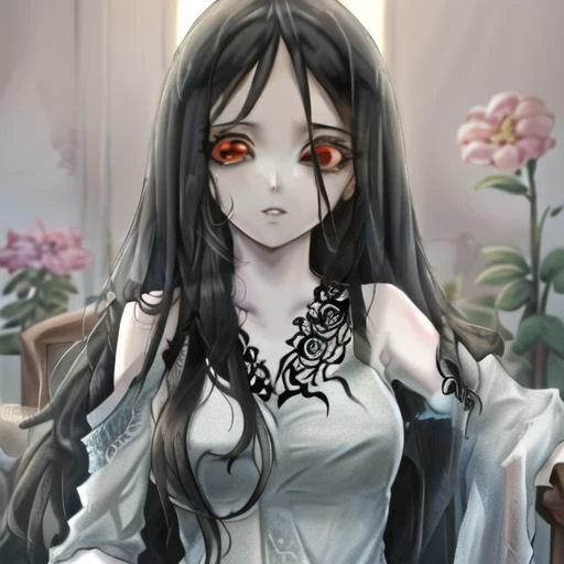 ((masterpiece)),(best quality), sadako_yamamura,red eyes, white dress,<lora:Sadakobest:0.7>, <lora:solidEyes_solidEyesV6:0.9>, looking at viewer, upper body, portrait,black sclera,(solid eyes),