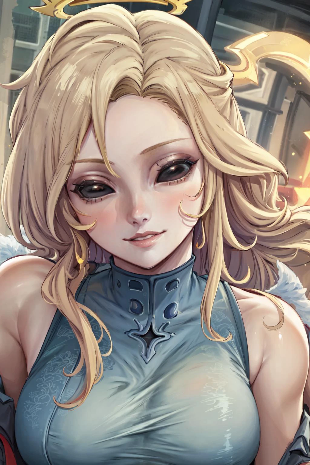 (masterpiece:1.2), (best quality:1.2), perfect eyes, perfect face, volumetric lighting, 1girl, mature female, close-up portrait, motherly smile, angel, halo, long blonde hair, solid eyes, colored sclera, white eyes <lora:solidEyes_solidEyesV6:1>