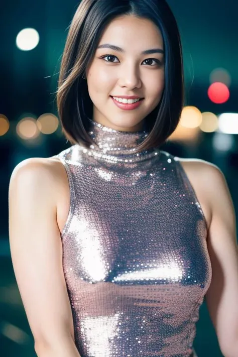 ((Whole body 1.4)),masterpiece, highest quality, RAW Photos, 8k, Highly detailed face, One girl, close, Beautifully detailed skin, Backlight, Soft Light, Shy, (Shoot from the front:1.2), Smile, open your mouth to say something, Illuminate, Anatomically correct, short hair, Windblown Hair, Eyes and facial details, Textured skin, Professional photography, Bokeh, Portraiture, Professional Lighting, alone, cute, Girlish, Film Grain, White camisole,mini skirt,outside, night, Starry Sky,Cleavage