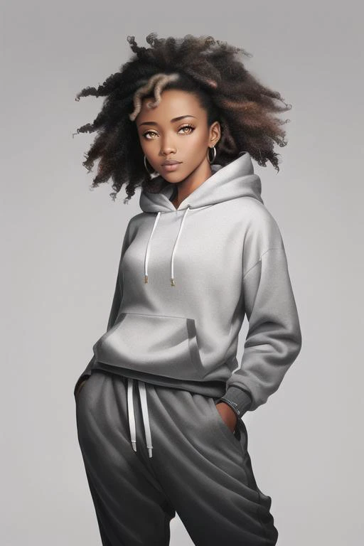half body picture, (1girl:1.2),  grey background,african, curled afro hairstyle, hoodie, pants, realism, ultrarealistic, HD photo