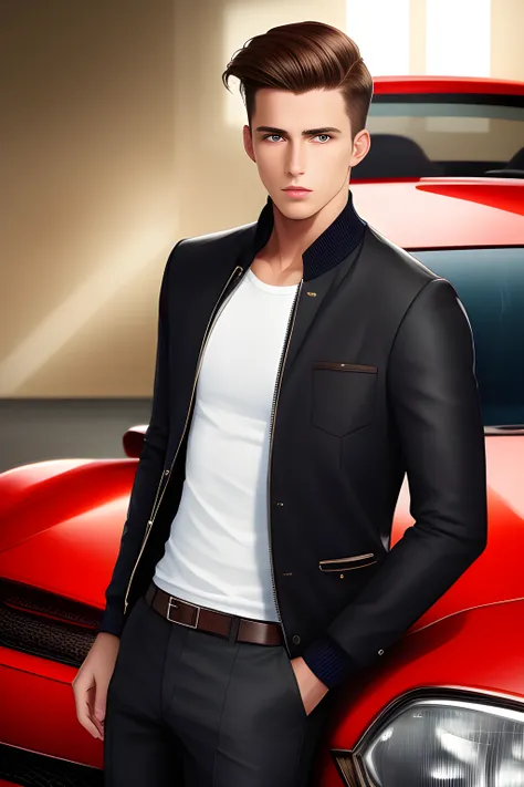 1man, beautiful face, posing at car exhibition, strict, clean brown hair, handsome, varsity jacket, shirt, pants, jock, ultrarealistic, realism, studio lighting, magazine photography, HDR, 4k resolution, hd, 2k, 8k, 16k, HDR 4k
