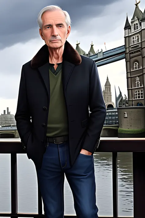mascuilne. handsome, 75 year old, old man, against the backdrop of London's Tower Bridge, (masterpiece), (photo), european, narrow nose, thin lips, small forehead, short black hair, green eyes, neutral color background, standing, dark hair, backlight, leather jacket with fur, red shirt underneath, jeans, hands in pockets, realistic, ultrarealism, detailed eyes, detailed face, sharpen,, 2k, 4k, 8k, 16k, HDR 4k