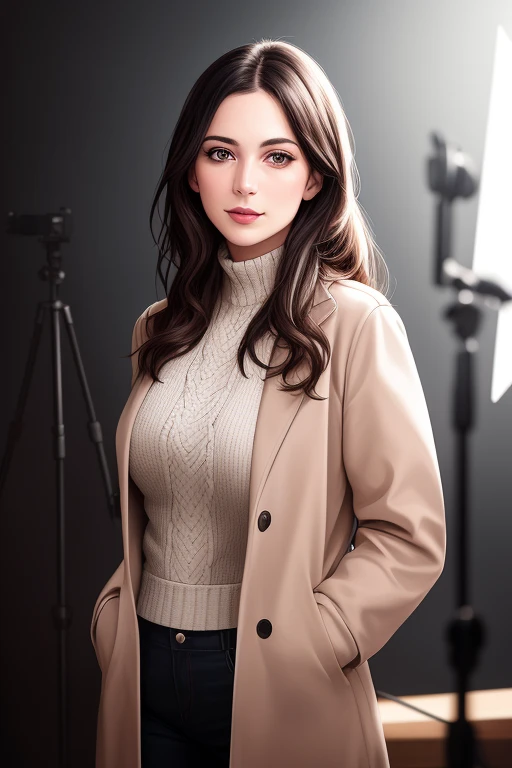 a woman in winter clothes poses for a picture in a studio setting with a neutral background and a neutral backdrop,, ultra realistic digital art, a character portrait, photorealism