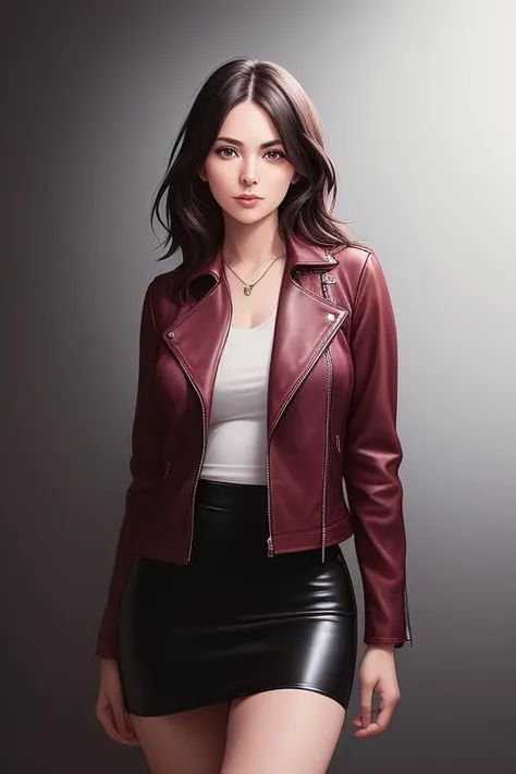 a woman in leather jacket outfit posing for a picture in a studio setting with a neutral background and a neutral backdrop, ultra realistic digital art, a character portrait, photorealism