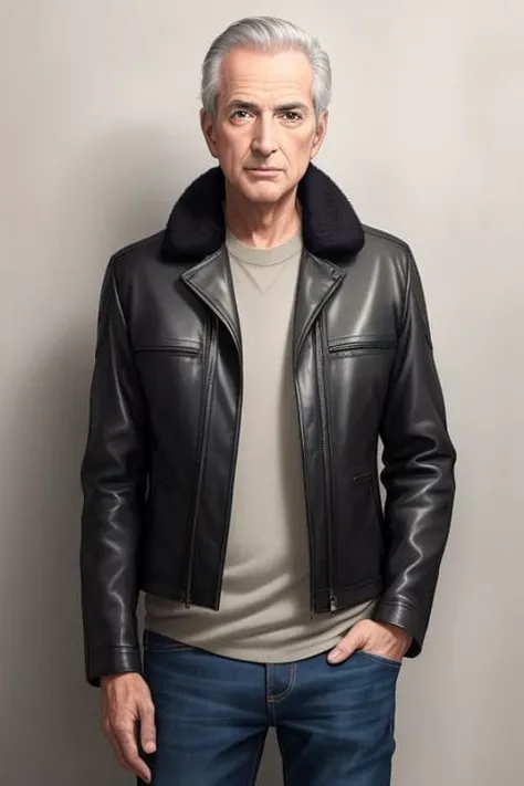 mascuilne. handsome,  75 year old,  old man, (masterpiece),(photo), european, narrow nose, thin lips, small forehead,  short black hair, green eyes, neutral color background,  standing , dark hair, backlight, leather jacket with fur, red shirt underneath, jeans, hands in pockets, realistic, ultrarealism, detailed eyes, detailed face, sharpen,
