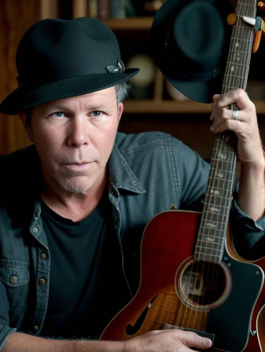 Portrait of TOMWAITS playing the guitar , (( hat)) , moody vibe, biggest quality, colour, masterpiece, dramatic light, intrincate details, absurdres, gods rays, high res, Nikon D780, Dslr, sharp focus, hyperrealism, detailed skin pores, insanely detailed, lush detail, Fujifilm XT3, film photography, <lora:epi_noiseoffset2:1>, vibrant colours, backlight