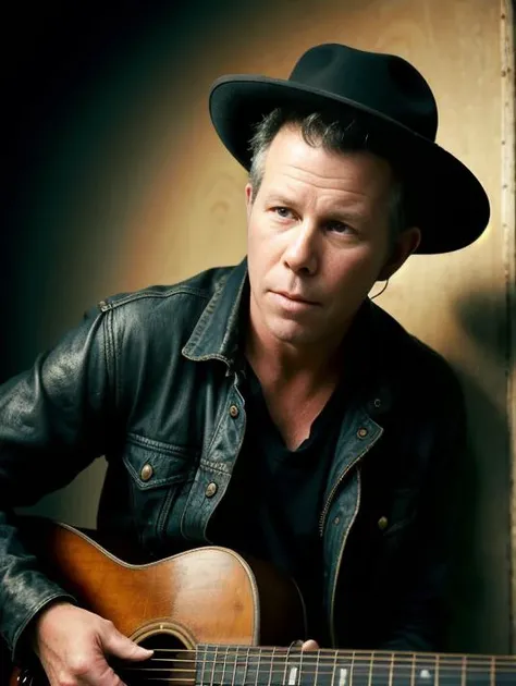 Portrait of TOMWAITS playing the piano , hat, moody vibe, biggest quality, colour, masterpiece, dramatic light, intrincate details, absurdres, gods rays, high res, Nikon D780, Dslr, sharp focus, hyperrealism, detailed skin pores, insanely detailed, lush detail, Fujifilm XT3, film photography, <lora:epi_noiseoffset2:1>, vibrant colours, backlight