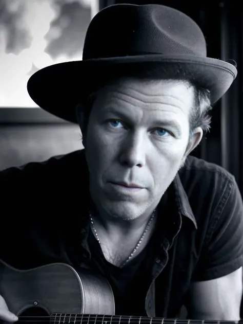 Portrait of TOMWAITS in a jazz club , hat, moody vibe, biggest quality, masterpiece, dramatic light, intrincate details, absurdres, gods rays, high res, Nikon D780, Dslr, sharp focus, hyperrealism, detailed skin pores, insanely detailed, lush detail, Fujifilm XT3, film photography, <lora:epi_noiseoffset2:1>, vibrant colours, backlight