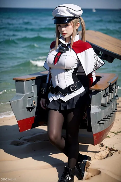 best quality, ultra high res, 1girl, full body, beach, detailed background,  graf zeppelin \(kancolle\), uniform, capelet, hat, machinery <lora:Graf_v29C:1.2>