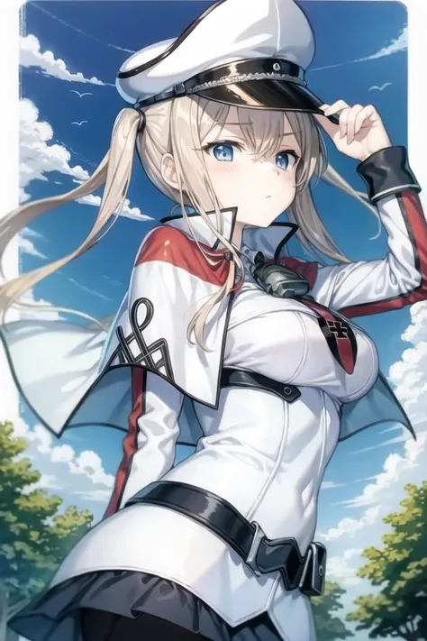 masterpiece, best quaility, 1girl, <lora:Graf_v29C:1>, graf zeppelin, uniform, hat, capelet, iron cross, sky