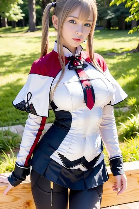 (8k, RAW photo, best quality, masterpiece:1.2), (realistic, photo-realistic:1.4), graf zeppelin, 1girl, caplet, hat, twintails, skirt, gloves, large breasts, jacket, necktie, long hair, blue eyes, looking at viewer, uniform, studio photography, stand, <lora:koreanDollLikeness_v15:0.2>, <lora:Graf_v29C:1.2>