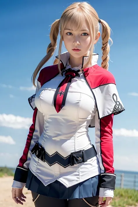 (8k, RAW photo, best quality, masterpiece:1.2), (realistic, photo-realistic:1.4), graf zeppelin, 1girl, caplet, hat, twintails, skirt, gloves, large breasts, jacket, necktie, long hair, blue eyes, looking at viewer, uniform, studio photography, <lora:koreanDollLikeness_v15:0.2>, <lora:Graf_v29C:1.2>