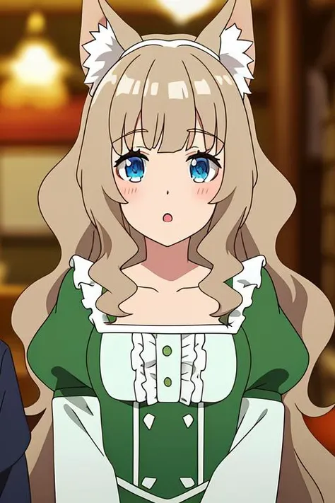 othernpc, 1girl, solo, long_hair, looking_at_viewer, blush, open_mouth, bangs, blue_eyes, brown_hair, long_sleeves, dress, animal_ears, collarbone, upper_body, frills, parted_lips, puffy_sleeves, blurry, :o, blurry_background, wavy_hair, juliet_sleeves, dog_ears, green_dress
