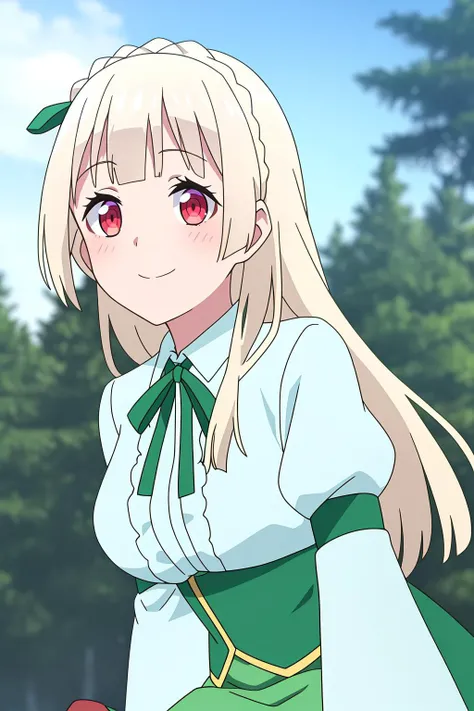 yuuri, 1girl, solo, long_hair, breasts, looking_at_viewer, blush, smile, bangs, skirt, blonde_hair, shirt, red_eyes, long_sleeves, dress, ribbon, medium_breasts, closed_mouth, white_shirt, upper_body, braid, outdoors, puffy_sleeves, blunt_bangs, blurry, tree, neck_ribbon, depth_of_field, blurry_background, juliet_sleeves, green_skirt, green_dress, green_ribbon, crown_braid