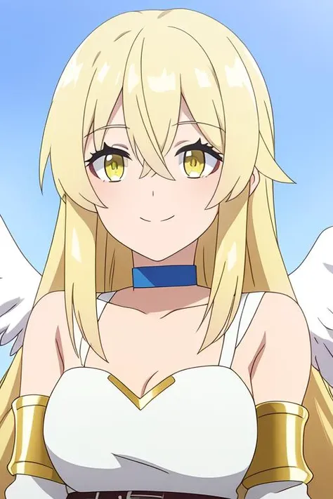 laeticia, 1girl, solo, long_hair, breasts, looking_at_viewer, blush, smile, open_mouth, bangs, blue_eyes, blonde_hair, hair_ornament, cleavage, bare_shoulders, jewelry, medium_breasts, sitting, very_long_hair, :d, wings, bracelet, floating_hair, armlet, angel_wings, white_wings