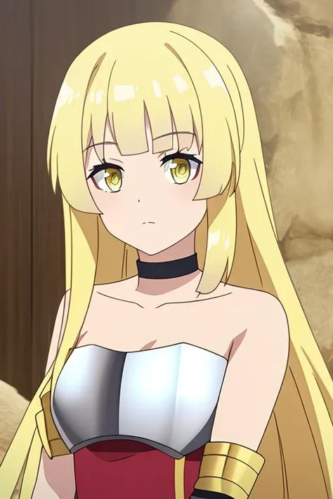 othernpc, 1girl, solo, long_hair, breasts, looking_at_viewer, bangs, blonde_hair, gloves, dress, bare_shoulders, very_long_hair, closed_mouth, collarbone, yellow_eyes, upper_body, choker, armor, shiny_hair, strapless, frown, shoulder_armor, strapless_dress, breastplate