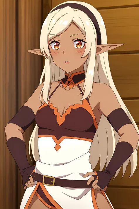 ya, 1girl, solo, long_hair, breasts, looking_at_viewer, blush, open_mouth, bangs, blonde_hair, gloves, bare_shoulders, brown_eyes, collarbone, upper_body, sidelocks, hairband, small_breasts, parted_lips, detached_sleeves, sleeveless, pointy_ears, black_gloves, elbow_gloves, indoors, dark_skin, dark-skinned_female, orange_eyes, parted_bangs, black_hairband, elf, bridal_gauntlets, dark_elf, standing, hands_on_hip , nudity , tan lines