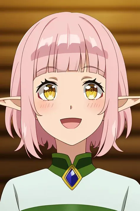 othernpc, 1girl, solo, looking_at_viewer, blush, smile, short_hair, open_mouth, bangs, brown_hair, brown_eyes, yellow_eyes, pink_hair, :d, pointy_ears, blunt_bangs, blurry, blurry_background, elf, portrait