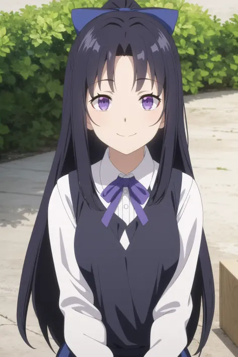 Fraurem, anime art style, 1girl, solo, long_hair, smile, bangs, shirt, black_hair, bow, closed_mouth, purple_eyes, white_shirt, upper_body, ponytail, hair_bow, sidelocks, vest