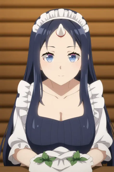 Ann, anime art style, 1girl, solo, long_hair, looking_at_viewer, bangs, blue_eyes, black_hair, closed_mouth, collarbone, flower, horns, sweatdrop, parted_bangs, maid, maid_headdress, facial_mark, portrait, single_horn, forehead_mark