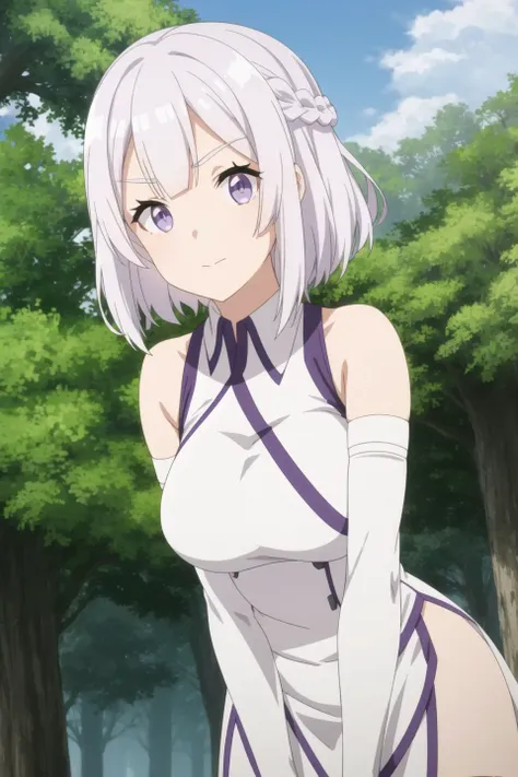 Hakuren, anime art style, 1girl, solo, breasts, short_hair, open_mouth, bangs, gloves, dress, bare_shoulders, medium_breasts, purple_eyes, upper_body, braid, white_hair, grey_hair, outdoors, sleeveless, elbow_gloves, white_dress, :o, tree, v-shaped_eyebrows, arms_behind_back, french_braid