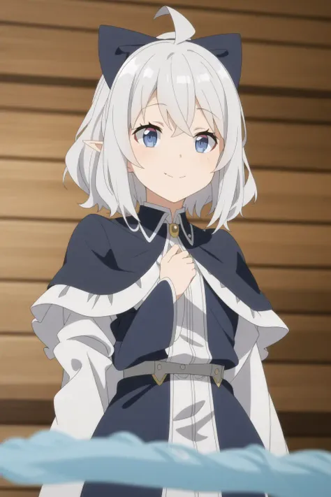 Flora, anime art style, looking_at_viewer, smile, short_hair, bangs, blue_eyes, multiple_girls, bow, 2girls, hair_between_eyes, jewelry, closed_mouth, upper_body, ahoge, hair_bow, grey_hair, red_hair, solo_focus, pointy_ears, indoors, medium_hair, blurry, grey_eyes, capelet, split_mouth, blue_capelet