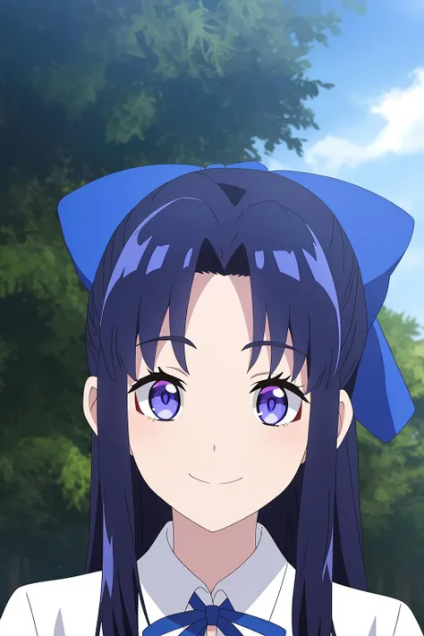 fraurem, 1girl, solo, long_hair, looking_at_viewer, smile, bangs, blue_eyes, shirt, black_hair, bow, ribbon, closed_mouth, blue_hair, purple_eyes, white_shirt, upper_body, hair_bow, outdoors, frills, collared_shirt, parted_bangs, neck_ribbon, blue_bow, blue_ribbon