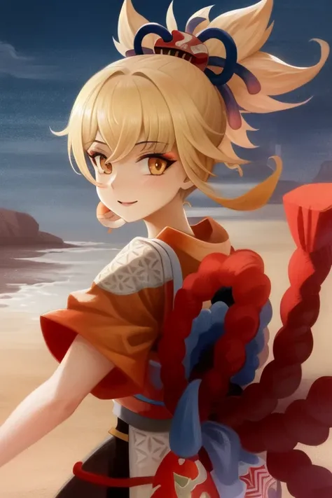 upper body digital painting, masterpiece, best quality, Yoimiya \(genshin impact\), blonde hair, 1girl, solo, japanese clothes, hair ornament, orange kimono, kimono, Japanese scenery in the background, dramatic pose, epic, stunningly attractive, cinematic lighting, vivid colors, looking at viewer, (happy:0.9), friendly, playful

<lora:Yoimiya_hardpruned:1>

 <lora:tsudero236_v10:0.85>