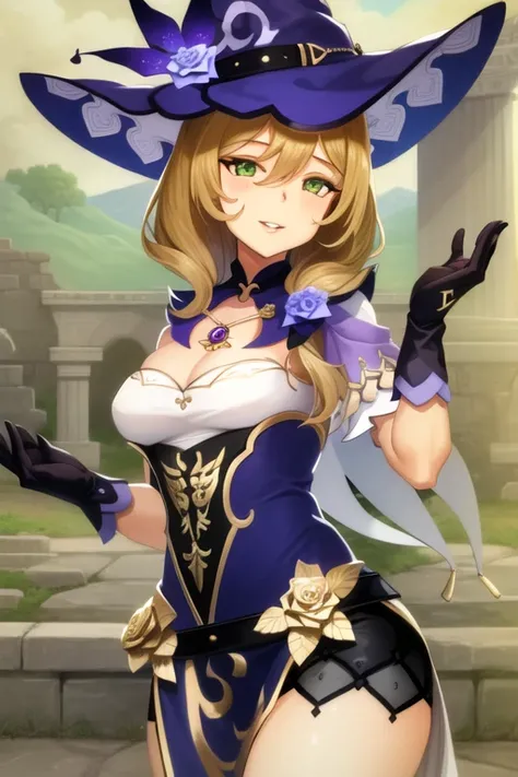 <lora:Lisa_Hard:1> masterpiece, best quality, lisa \(genshin impact\), 1girl, solo, hat, breasts, gloves, cleavage, flower, smile, bangs, dress, rose, jewelry, witch, capelet, green eyes, witch hat, brown hair, purple headwear, looking at viewer, large breasts, long hair, black gloves, purple flower, hair between eyes, upper body, purple rose, parted lips, purple capelet, hat flower, multicolored dress, hair ornament, multicolored clothes, vision \(genshin impact\), detailed background, ancient ruins
<lora:tsudero236_v10:0.85>