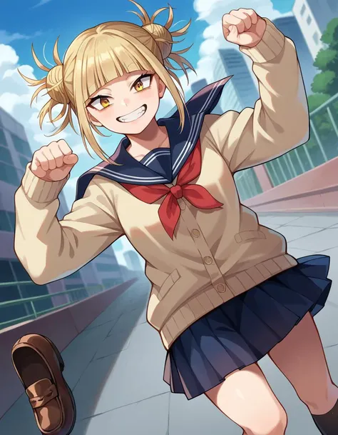 score_9, score_8_up, score_7_up, source_anime,
himikotoga, <lora:himiko-toga-ponyxl-lora-nochekaiser:1>,
himiko toga, bangs, blonde hair, yellow eyes, blunt bangs, hair bun, double bun, messy hair, smile, grin,
skirt, long sleeves, school uniform, pleated skirt, shoes, serafuku, socks, sailor collar, blue skirt, neckerchief, kneehighs, brown footwear, cardigan, black socks, loafers, red neckerchief, yellow cardigan,
outdoors, cityscape,
looking at viewer, cowboy shot, dutch angle, dynamic pose,